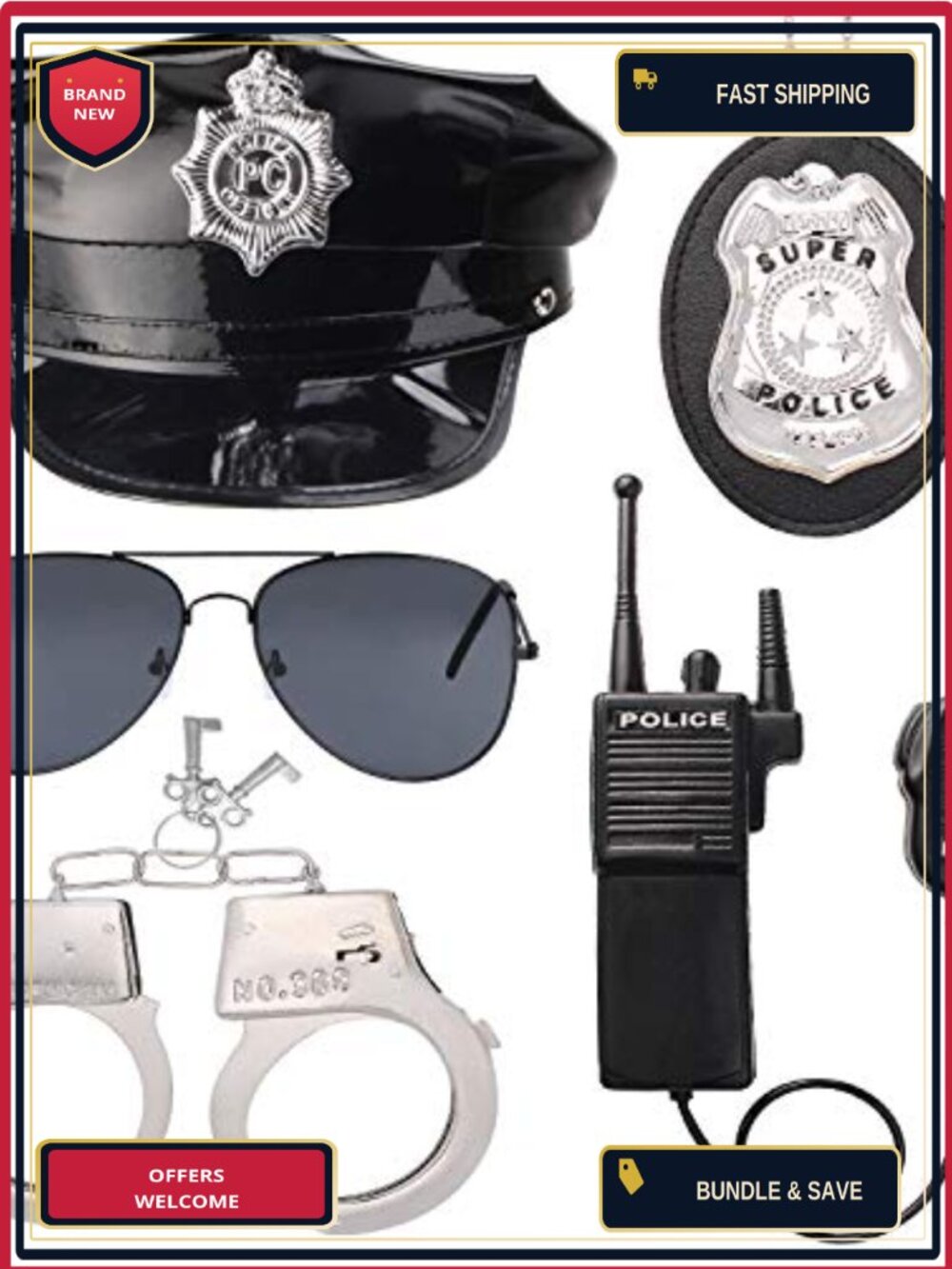 Police Costume Accessory Set Hat Handcuffs Badge Walkie Talkie